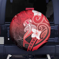 Polynesia Hammerhead Shark Spare Tire Cover Red Tribal Pattern With Plumeria - Polynesian Pride