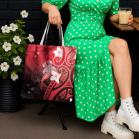 Polynesia Hammerhead Shark Tote Bag Red Tribal Pattern With Plumeria - Polynesian Pride