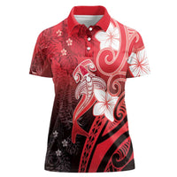 Polynesia Hammerhead Shark Women Polo Shirt Red Tribal Pattern With Plumeria - Polynesian Pride