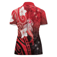 Polynesia Hammerhead Shark Women Polo Shirt Red Tribal Pattern With Plumeria - Polynesian Pride