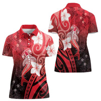 Polynesia Hammerhead Shark Women Polo Shirt Red Tribal Pattern With Plumeria - Polynesian Pride