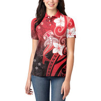 Polynesia Hammerhead Shark Women Polo Shirt Red Tribal Pattern With Plumeria - Polynesian Pride