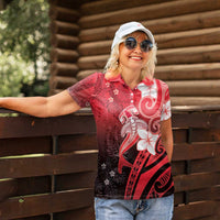 Polynesia Hammerhead Shark Women Polo Shirt Red Tribal Pattern With Plumeria - Polynesian Pride