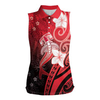 Polynesia Hammerhead Shark Women Sleeveless Polo Shirt Red Tribal Pattern With Plumeria - Polynesian Pride