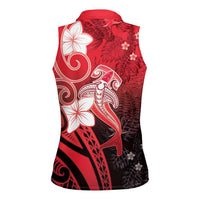 Polynesia Hammerhead Shark Women Sleeveless Polo Shirt Red Tribal Pattern With Plumeria - Polynesian Pride