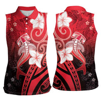 Polynesia Hammerhead Shark Women Sleeveless Polo Shirt Red Tribal Pattern With Plumeria - Polynesian Pride