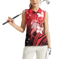 Polynesia Hammerhead Shark Women Sleeveless Polo Shirt Red Tribal Pattern With Plumeria - Polynesian Pride