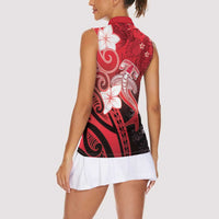 Polynesia Hammerhead Shark Women Sleeveless Polo Shirt Red Tribal Pattern With Plumeria - Polynesian Pride