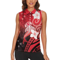 Polynesia Hammerhead Shark Women Sleeveless Polo Shirt Red Tribal Pattern With Plumeria - Polynesian Pride