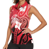 Polynesia Hammerhead Shark Women Sleeveless Polo Shirt Red Tribal Pattern With Plumeria - Polynesian Pride