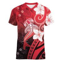 Polynesia Hammerhead Shark Women V-Neck T-Shirt Red Tribal Pattern With Plumeria - Polynesian Pride