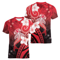 Polynesia Hammerhead Shark Women V-Neck T-Shirt Red Tribal Pattern With Plumeria - Polynesian Pride