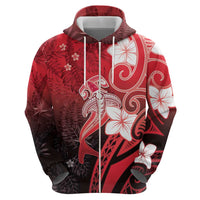 Polynesia Hammerhead Shark Zip Hoodie Red Tribal Pattern With Plumeria - Polynesian Pride