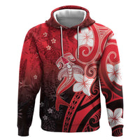 Polynesia Hammerhead Shark Zip Hoodie Red Tribal Pattern With Plumeria - Polynesian Pride