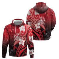 Polynesia Hammerhead Shark Zip Hoodie Red Tribal Pattern With Plumeria - Polynesian Pride