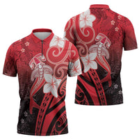 Polynesia Hammerhead Shark Zipper Polo Shirt Red Tribal Pattern With Plumeria - Polynesian Pride