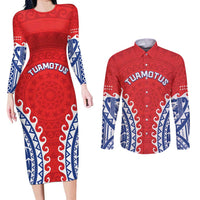Custom Tuamotu Archipelago Couples Matching Long Sleeve Bodycon Dress and Long Sleeve Button Shirt Polynesian Tribal Tattoo