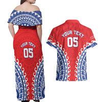 Custom Tuamotu Archipelago Couples Matching Off Shoulder Maxi Dress and Hawaiian Shirt Polynesian Tribal Tattoo