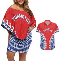 Custom Tuamotu Archipelago Couples Matching Off Shoulder Short Dress and Hawaiian Shirt Polynesian Tribal Tattoo