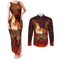Samoa Siva Afi Festival Couples Matching Tank Maxi Dress and Long Sleeve Button Shirt Fire Knife Dancing LT05 Green - Polynesian Pride