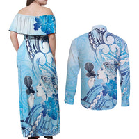 Aotearoa Maori Wahine Couples Matching Off Shoulder Maxi Dress and Long Sleeve Button Shirt Fantail Bird Blue Gold Marble