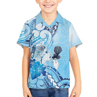 Aotearoa Maori Wahine Family Matching Long Sleeve Bodycon Dress and Hawaiian Shirt Fantail Bird Blue Gold Marble LT05 Son's Shirt Blue - Polynesian Pride