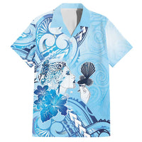 Aotearoa Maori Wahine Family Matching Off Shoulder Short Dress and Hawaiian Shirt Fantail Bird Blue Gold Marble