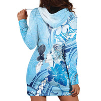 Aotearoa Maori Wahine Hoodie Dress Fantail Bird Blue Gold Marble