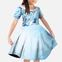 Aotearoa Maori Wahine Kid Short Sleeve Dress Fantail Bird Blue Gold Marble