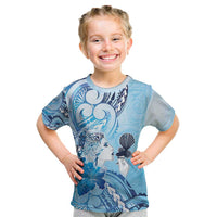 Aotearoa Maori Wahine Kid T Shirt Fantail Bird Blue Gold Marble