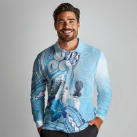 Aotearoa Maori Wahine Long Sleeve Polo Shirt Fantail Bird Blue Gold Marble