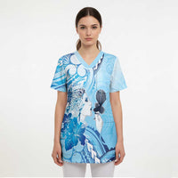 Aotearoa Maori Wahine Scrub Top Fantail Bird Blue Gold Marble - Polynesian Pride