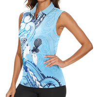 Aotearoa Maori Wahine Women Sleeveless Polo Shirt Fantail Bird Blue Gold Marble