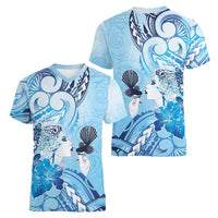 Aotearoa Maori Wahine Women V-Neck T-Shirt Fantail Bird Blue Gold Marble