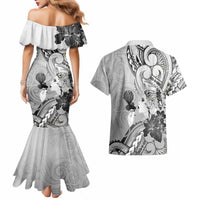 Aotearoa Maori Wahine Couples Matching Mermaid Dress and Hawaiian Shirt Fantail Bird Black Gold Marble