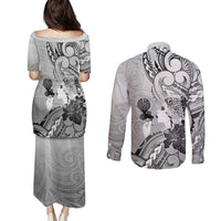 Aotearoa Maori Wahine Couples Matching Puletasi and Long Sleeve Button Shirt Fantail Bird Black Gold Marble