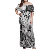 Aotearoa Maori Wahine Family Matching Off Shoulder Maxi Dress and Hawaiian Shirt Fantail Bird Black Gold Marble