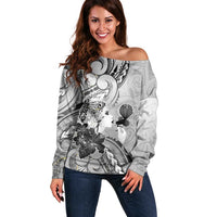 Aotearoa Maori Wahine Off Shoulder Sweater Fantail Bird Black Gold Marble