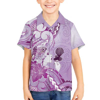 Aotearoa Maori Wahine Family Matching Puletasi and Hawaiian Shirt Fantail Bird Purple Gold Marble