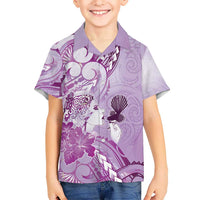 Aotearoa Maori Wahine Kid Hawaiian Shirt Fantail Bird Purple Gold Marble