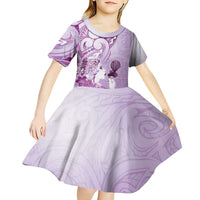 Aotearoa Maori Wahine Kid Short Sleeve Dress Fantail Bird Purple Gold Marble