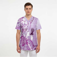 Aotearoa Maori Wahine Scrub Top Fantail Bird Purple Gold Marble - Polynesian Pride