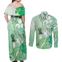 Aotearoa Maori Wahine Couples Matching Off Shoulder Maxi Dress and Long Sleeve Button Shirt Fantail Bird Green Gold Marble