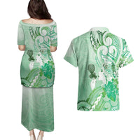 Aotearoa Maori Wahine Couples Matching Puletasi and Hawaiian Shirt Fantail Bird Green Gold Marble