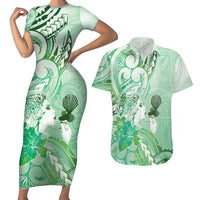 Aotearoa Maori Wahine Couples Matching Short Sleeve Bodycon Dress and Hawaiian Shirt Fantail Bird Green Gold Marble