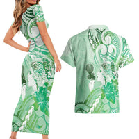 Aotearoa Maori Wahine Couples Matching Short Sleeve Bodycon Dress and Hawaiian Shirt Fantail Bird Green Gold Marble