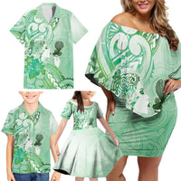 Aotearoa Maori Wahine Family Matching Off Shoulder Short Dress and Hawaiian Shirt Fantail Bird Green Gold Marble