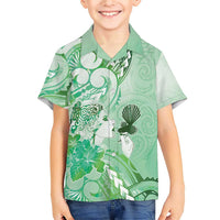 Aotearoa Maori Wahine Family Matching Short Sleeve Bodycon Dress and Hawaiian Shirt Fantail Bird Green Gold Marble LT05 Son's Shirt Green - Polynesian Pride