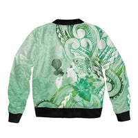 Aotearoa Maori Wahine Sleeve Zip Bomber Jacket Fantail Bird Green Gold Marble