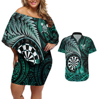 Personalised New Zealand Darts Couples Matching Off Shoulder Short Dress and Hawaiian Shirt Maori Koru Dartboard Turquoise Flame